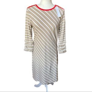 NWT E.L.I 3/4 Sleeve Striped Midi T-Shirt Dress Khaki White Ruching SZ Small